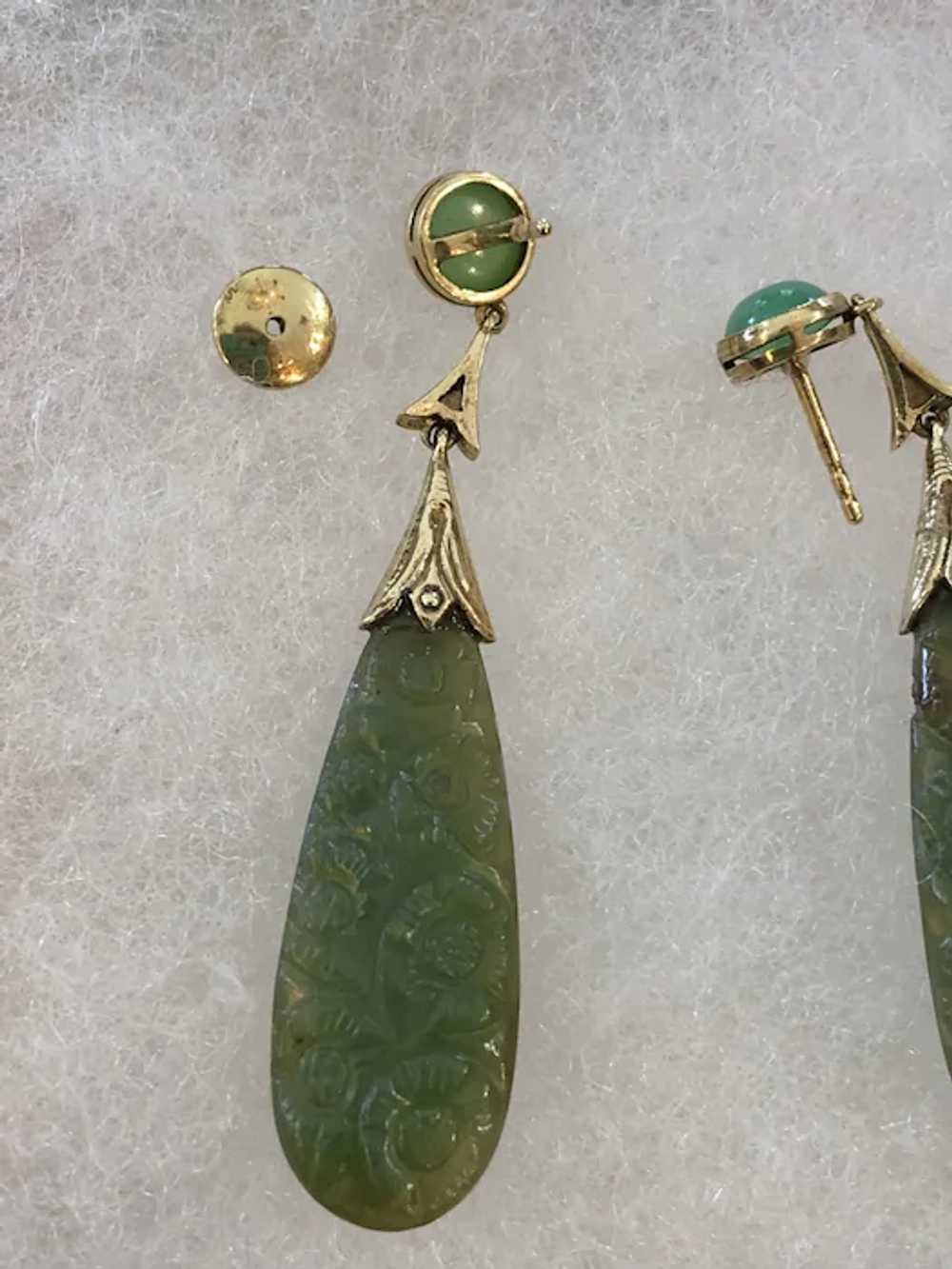Art Deco Carved Jade 14K Gold Earrings - image 6