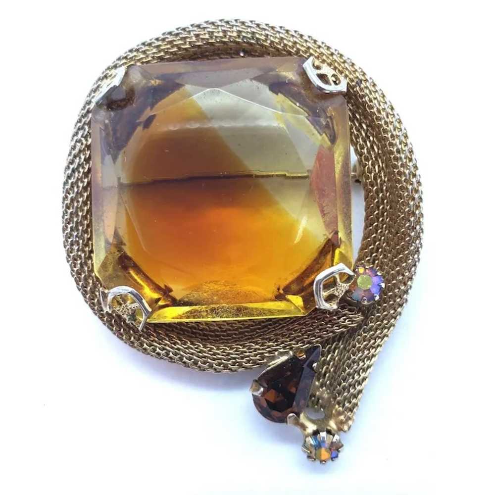 Unsigned Topaz Colored Faceted Glass Brooch with … - image 2