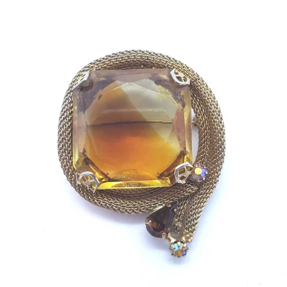 Unsigned Topaz Colored Faceted Glass Brooch with … - image 5