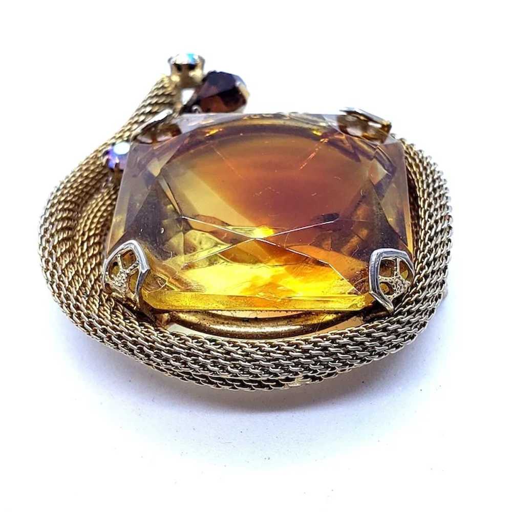 Unsigned Topaz Colored Faceted Glass Brooch with … - image 6