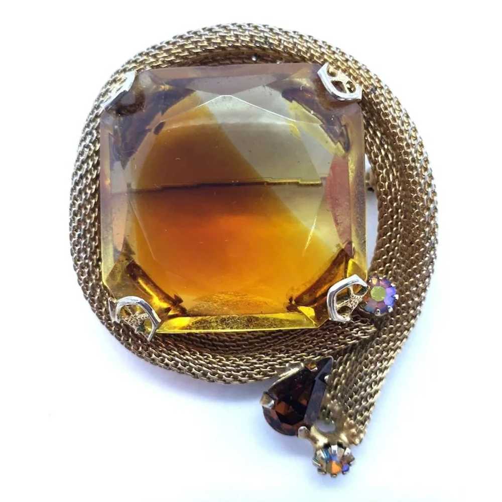 Unsigned Topaz Colored Faceted Glass Brooch with … - image 9