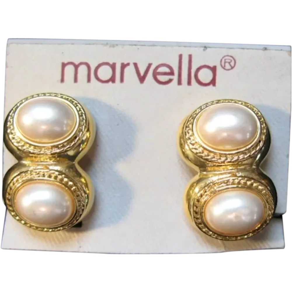 Vintage Marvella Double Faux Pearl Earrings NOS - image 1