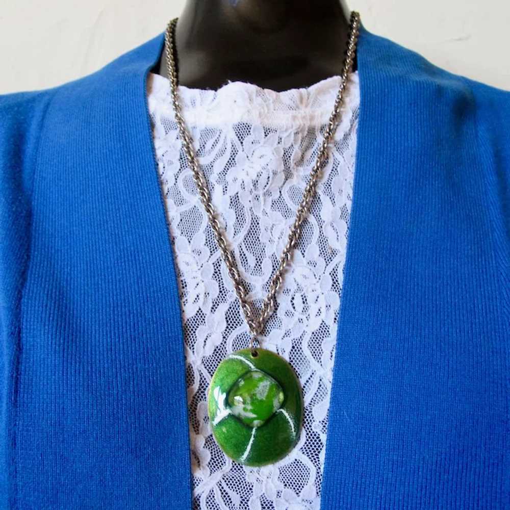 Vintage Kay Denning Green Enamel Fused Glass Pend… - image 2