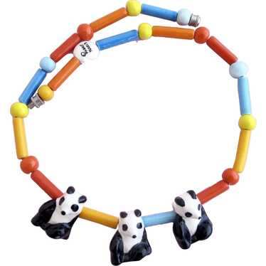 Vintage Parrot Pearls Ceramic Pandas Necklace