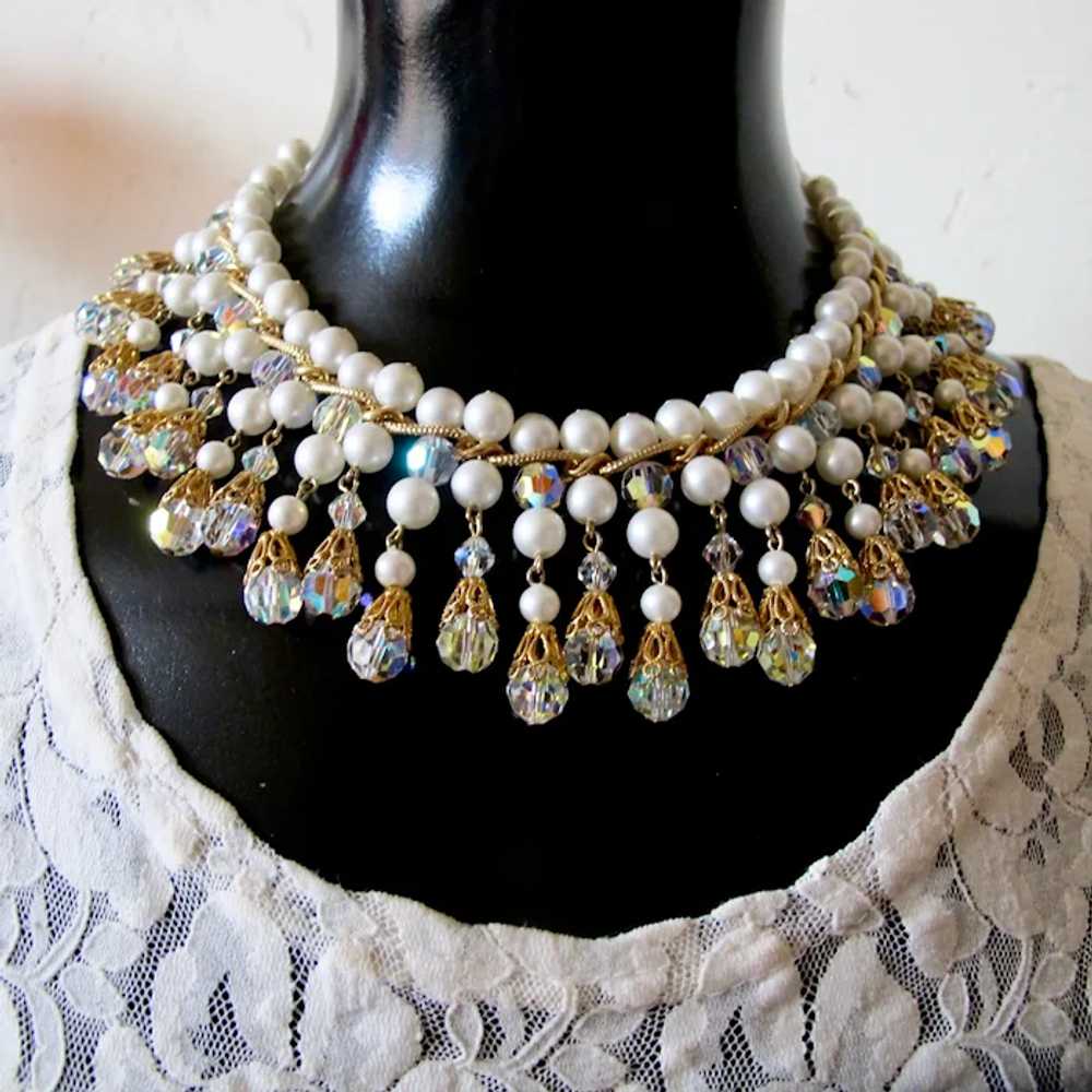 Vintage Faux Pearl and Crystal Dangle Necklace - image 2