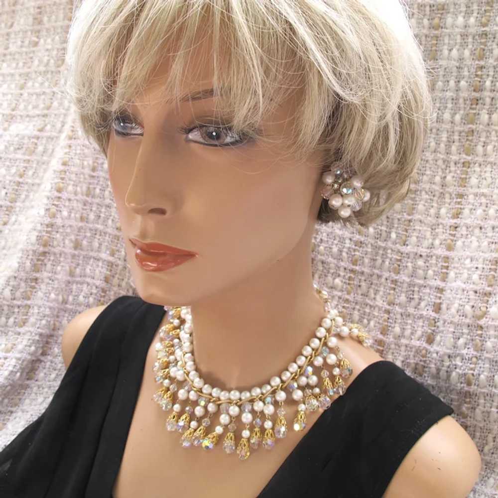Vintage Faux Pearl and Crystal Dangle Necklace - image 4