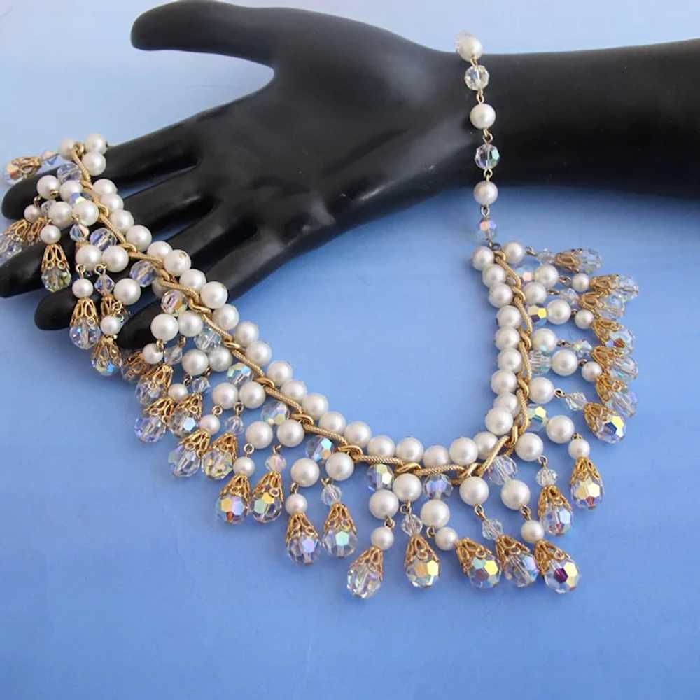 Vintage Faux Pearl and Crystal Dangle Necklace - image 5