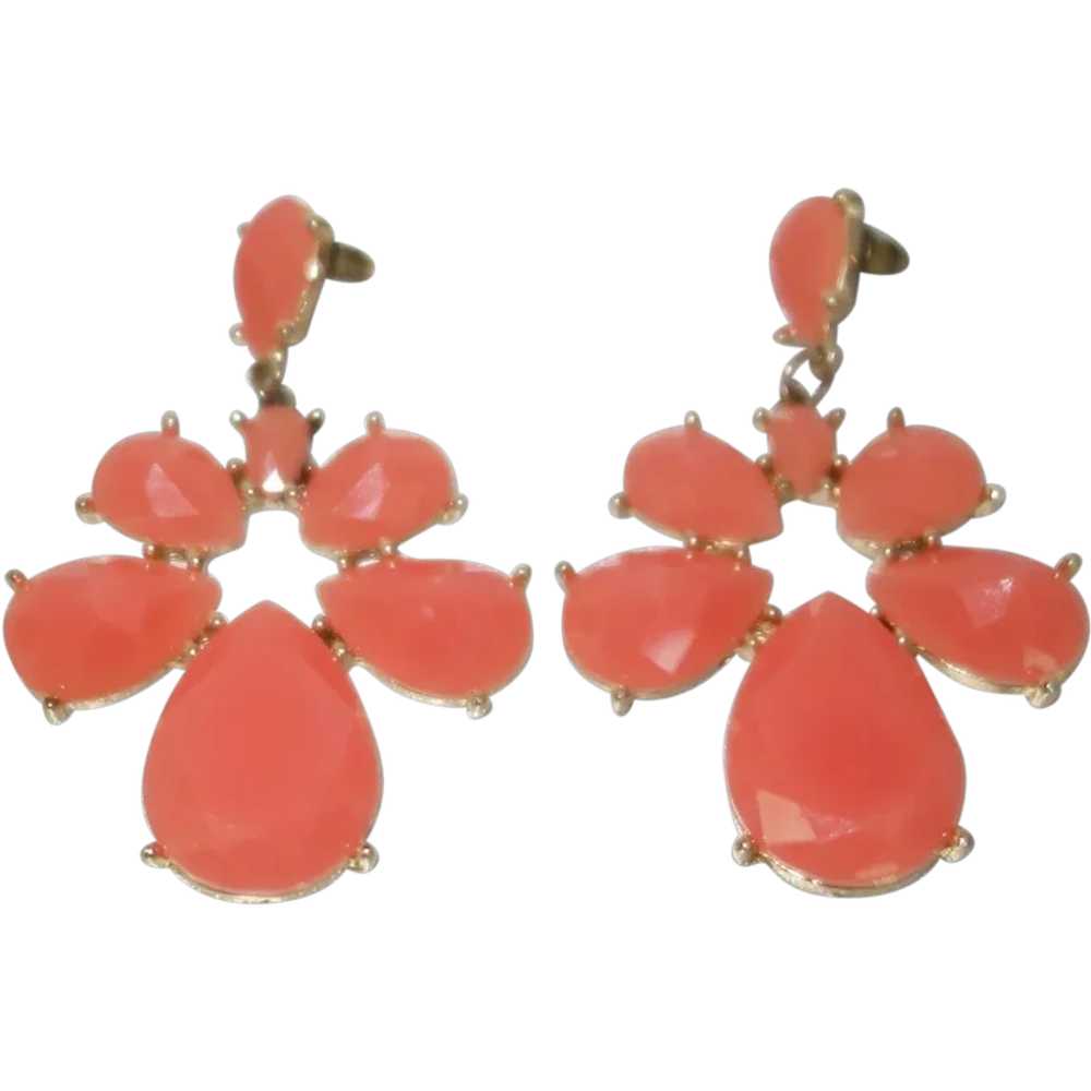 Vintage Coral Colored Faceted Glass Dangle Earrin… - image 1