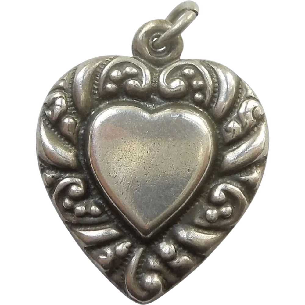 Larger Sterling Silver Puffy Heart Charm - Double… - image 1