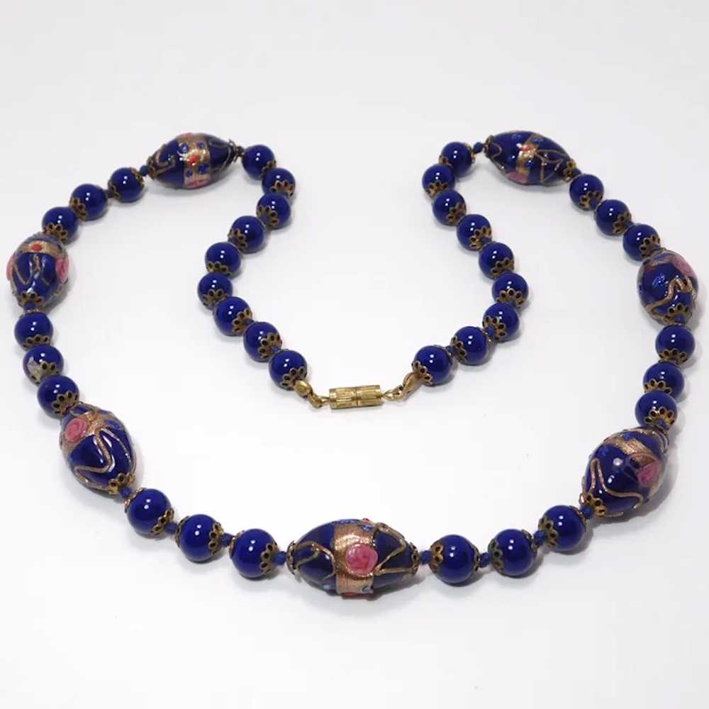 Cobalt Venetian Glass Beads Necklace Goldstone Fi… - image 2