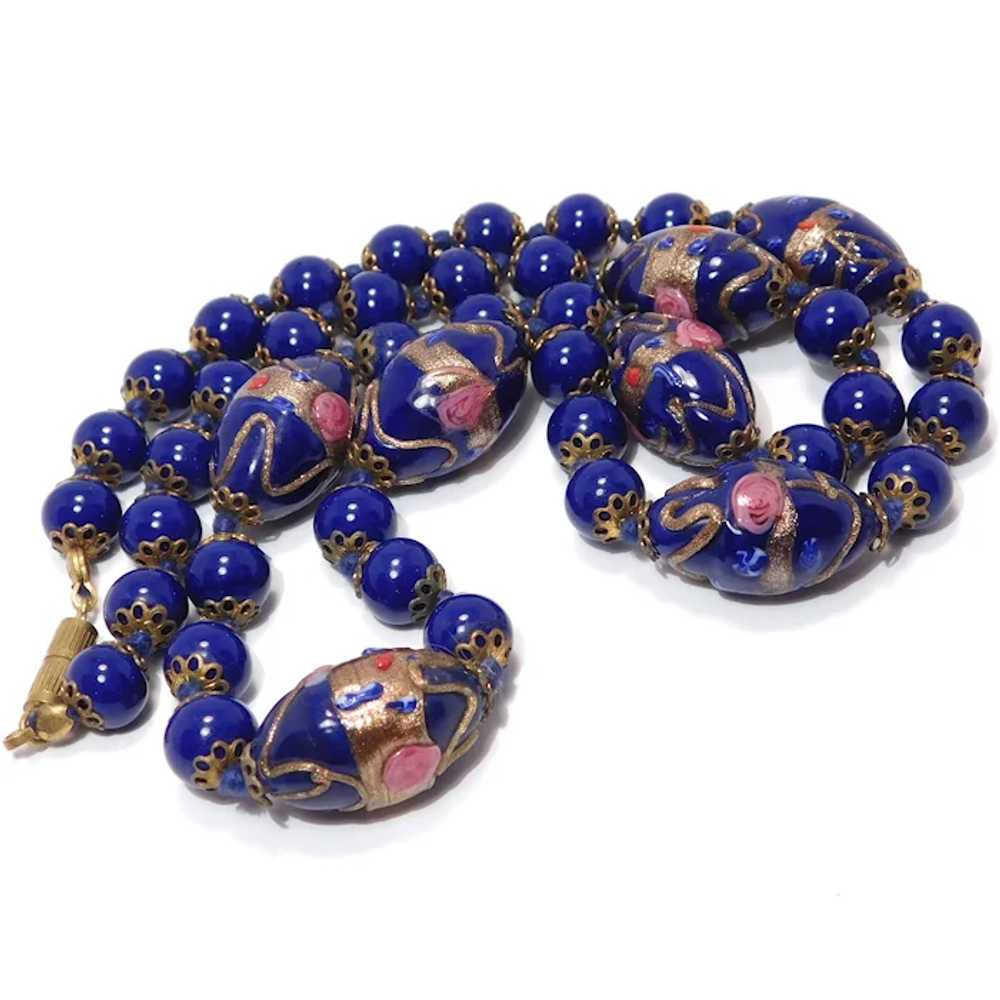 Cobalt Venetian Glass Beads Necklace Goldstone Fi… - image 3