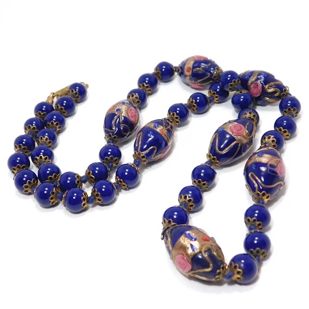 Cobalt Venetian Glass Beads Necklace Goldstone Fi… - image 4