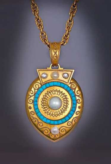 Victorian 14K Gold Pearl Turquoise Locket Pendant - image 1