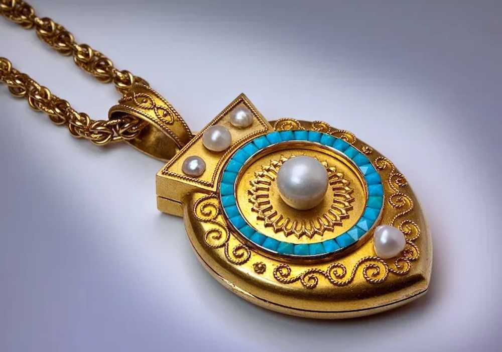Victorian 14K Gold Pearl Turquoise Locket Pendant - image 2
