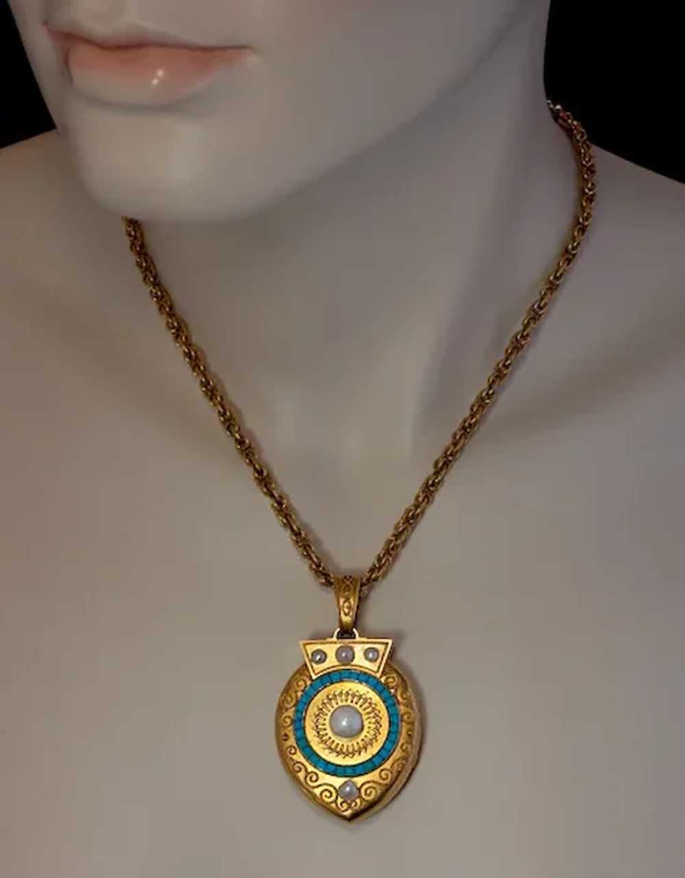 Victorian 14K Gold Pearl Turquoise Locket Pendant - image 3