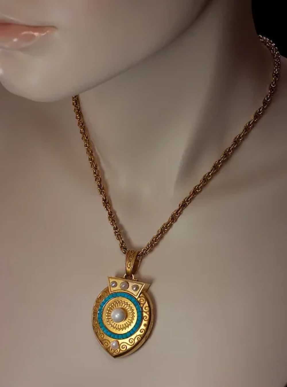 Victorian 14K Gold Pearl Turquoise Locket Pendant - image 4
