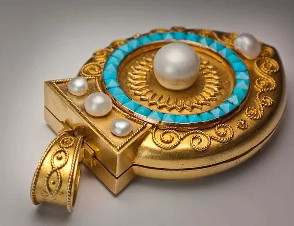 Victorian 14K Gold Pearl Turquoise Locket Pendant - image 8