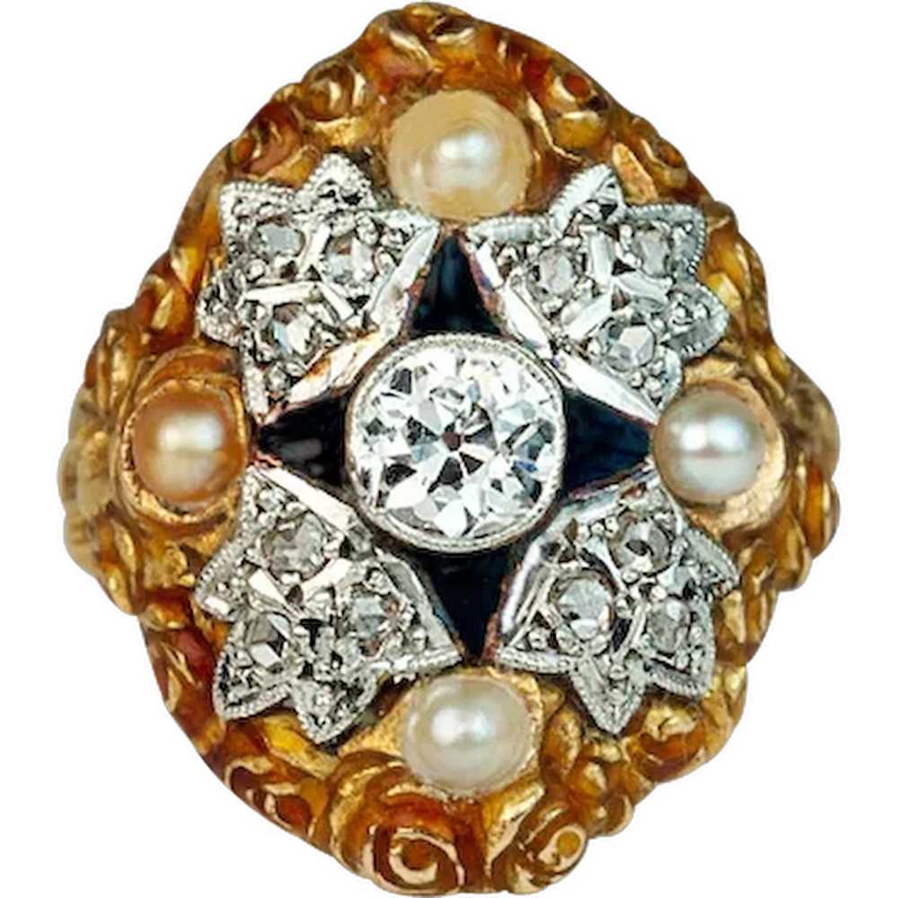 Antique Art Nouveau Diamond, Pearl, Enamel Ring - image 1