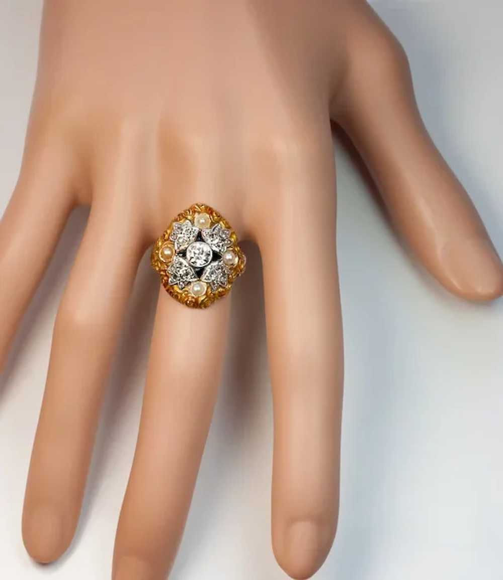 Antique Art Nouveau Diamond, Pearl, Enamel Ring - image 2
