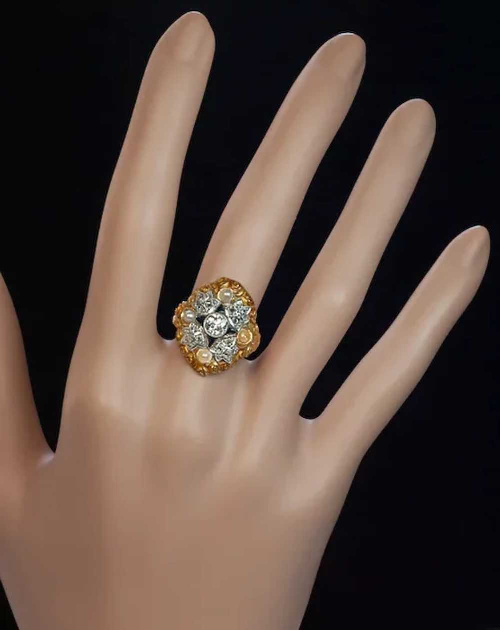 Antique Art Nouveau Diamond, Pearl, Enamel Ring - image 4