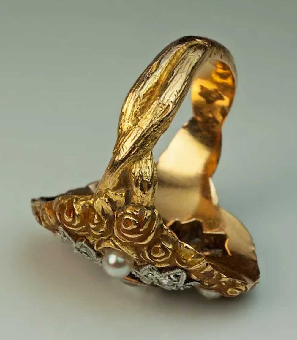 Antique Art Nouveau Diamond, Pearl, Enamel Ring - image 5