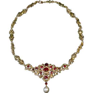 Antique Renaissance Revival Garnet Pearl 14K Gold… - image 1