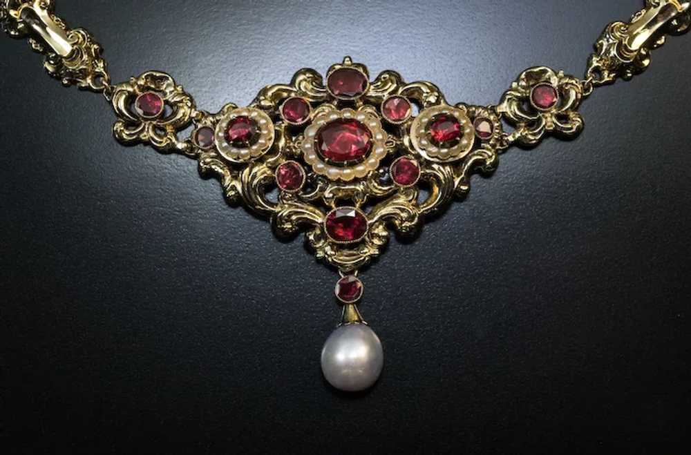 Antique Renaissance Revival Garnet Pearl 14K Gold… - image 3
