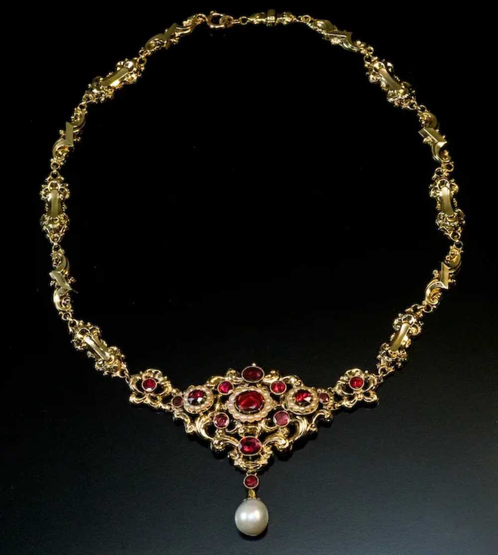 Antique Renaissance Revival Garnet Pearl 14K Gold… - image 5