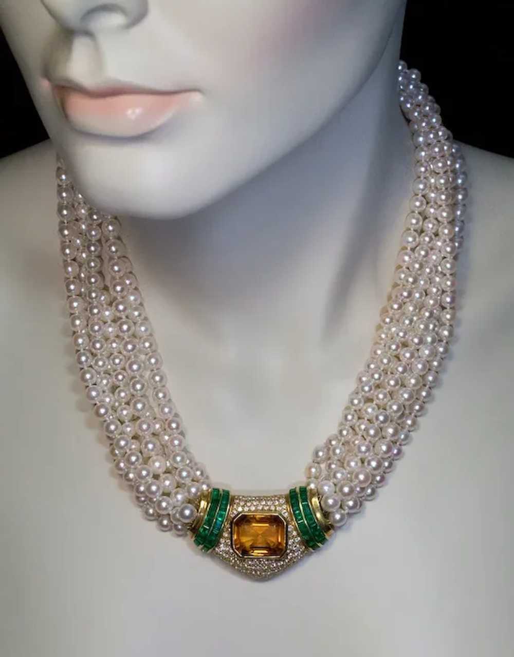 Vintage Multi Strand Pearl Necklace with Jeweled … - image 3