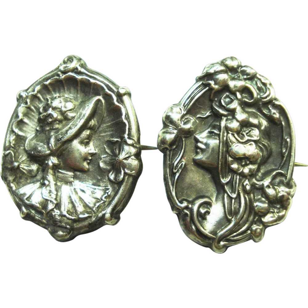 Pair of Art Nouveau Sterling Repousse Lady Pins - image 1