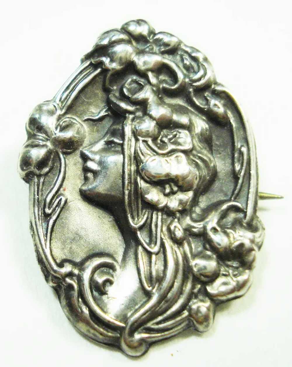 Pair of Art Nouveau Sterling Repousse Lady Pins - image 2
