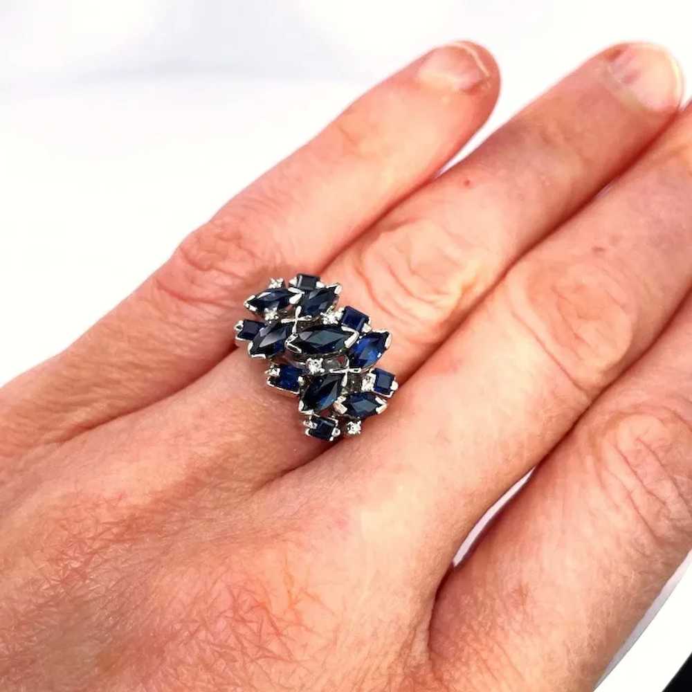 Deep Blue Geometric Sapphire Cluster 18K Gold Rin… - image 11