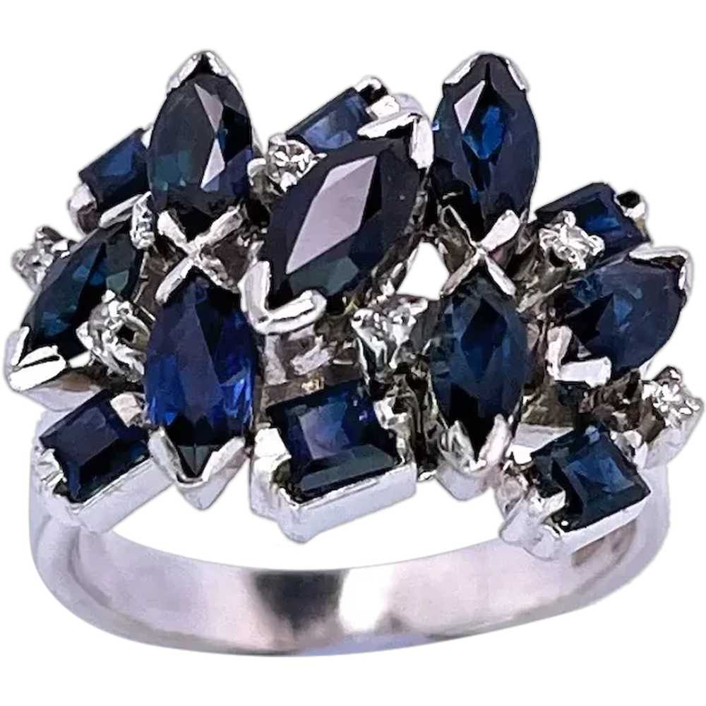 Deep Blue Geometric Sapphire Cluster 18K Gold Rin… - image 1