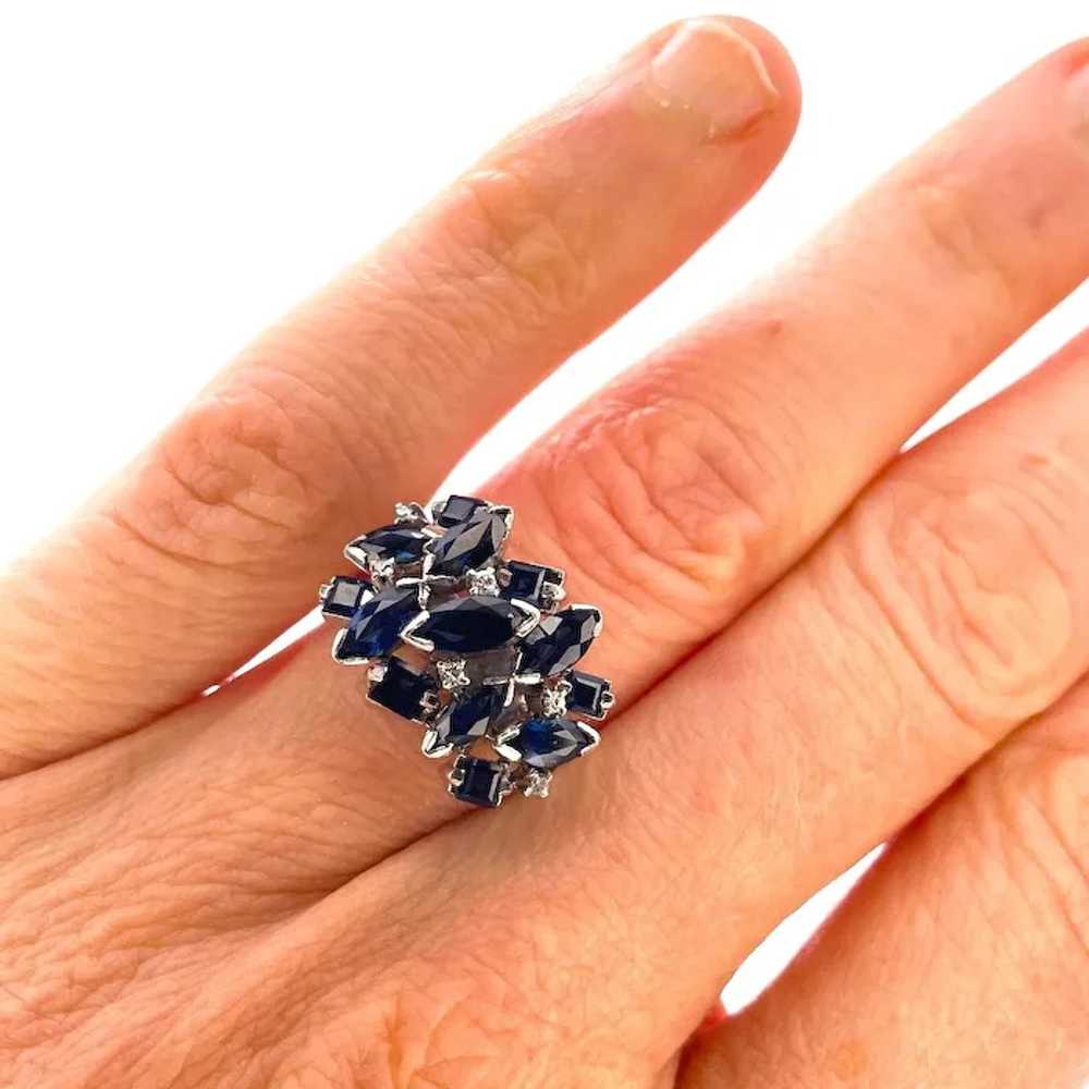 Deep Blue Geometric Sapphire Cluster 18K Gold Rin… - image 2