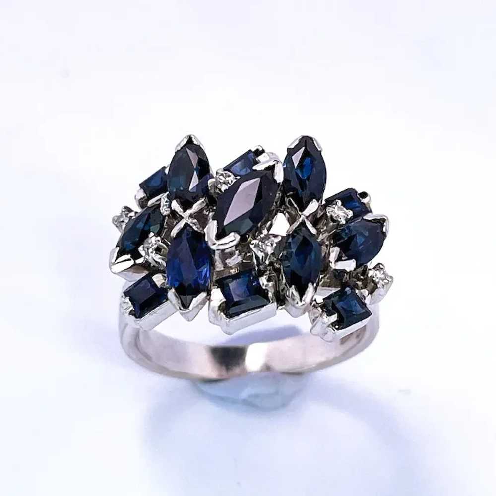 Deep Blue Geometric Sapphire Cluster 18K Gold Rin… - image 3