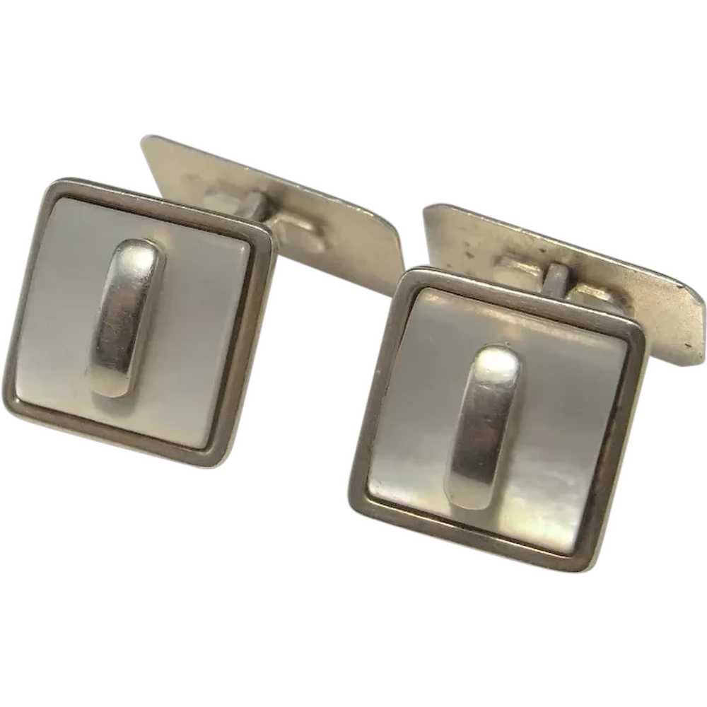 Art Deco Mens Cufflinks Silver MOP Mother of Pear… - image 1