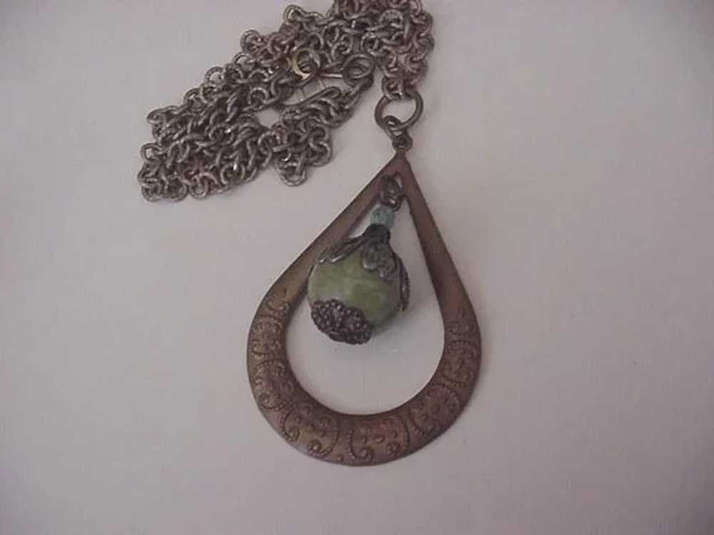 Brass and Green Glass Vintage Pendant Necklace - image 2