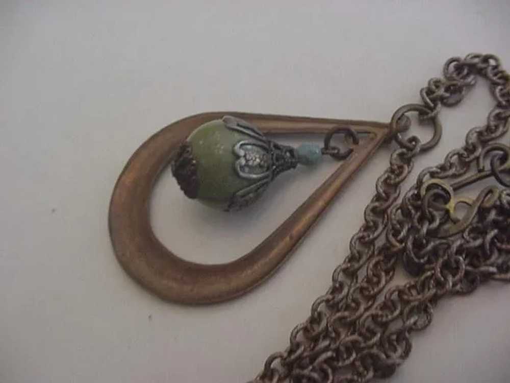 Brass and Green Glass Vintage Pendant Necklace - image 3
