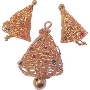 Wire Work Christmas Tree / Bells Pin and Earrings 