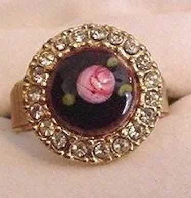 Enameled Rose and Rhinestones Ring - image 1