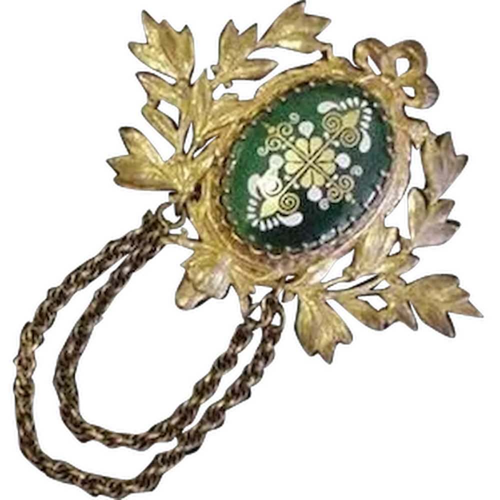 Miriam Haskell Brass and Green Enamel Pin - image 1