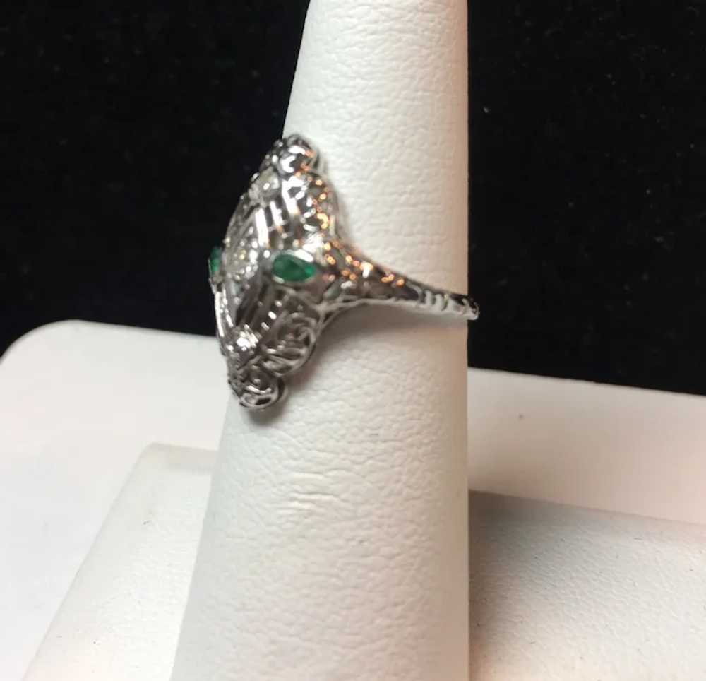 18k White Gold Emerald and Diamond Filigree Ring - image 11