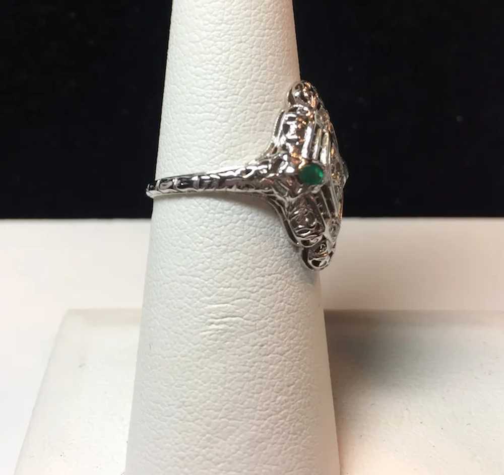 18k White Gold Emerald and Diamond Filigree Ring - image 12