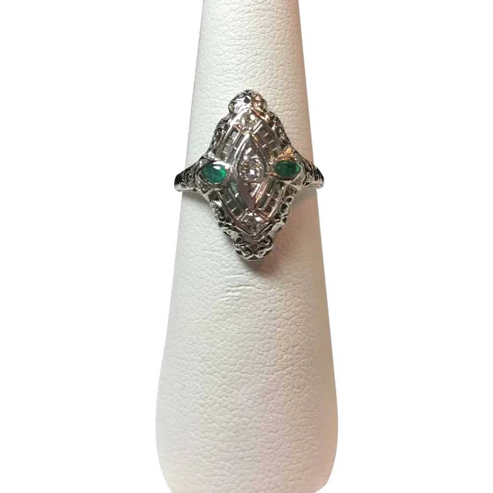 18k White Gold Emerald and Diamond Filigree Ring - image 1