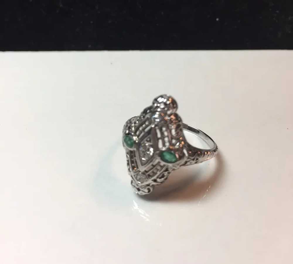 18k White Gold Emerald and Diamond Filigree Ring - image 2