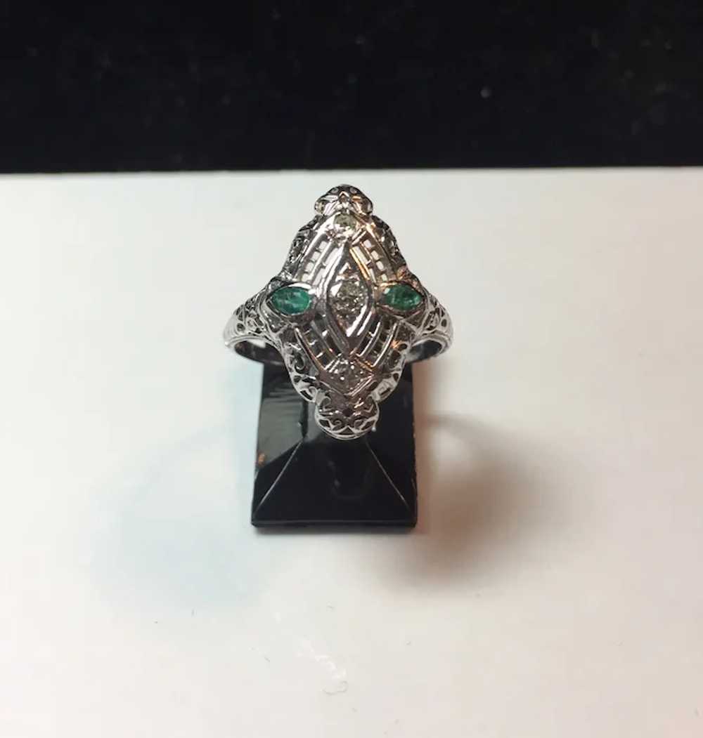 18k White Gold Emerald and Diamond Filigree Ring - image 5