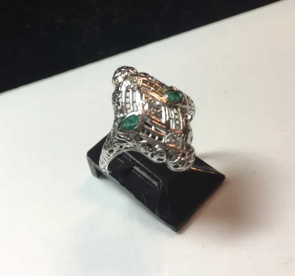 18k White Gold Emerald and Diamond Filigree Ring - image 6