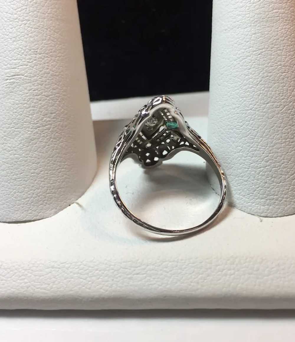 18k White Gold Emerald and Diamond Filigree Ring - image 7