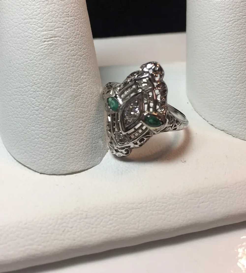 18k White Gold Emerald and Diamond Filigree Ring - image 8