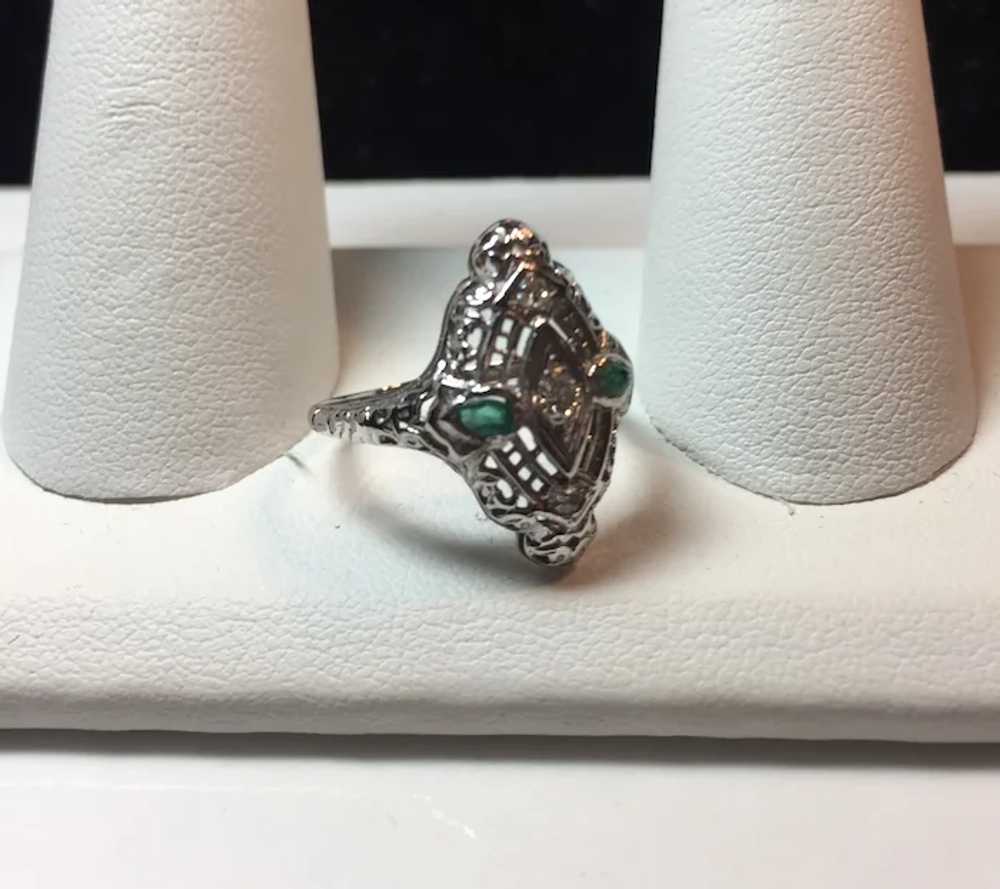 18k White Gold Emerald and Diamond Filigree Ring - image 9